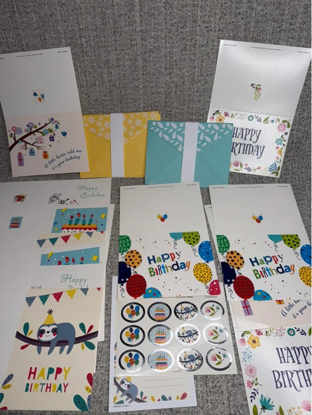 Cute Birthday Greeting Card Lot of Cards Envelopes Stickers Sloth Floral Cake